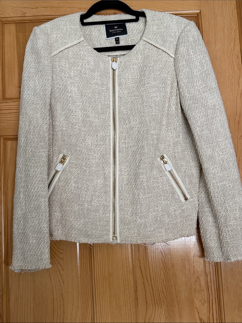 Juicy Couture Cream Tweed Zip-Front Blazer with Gold Accents